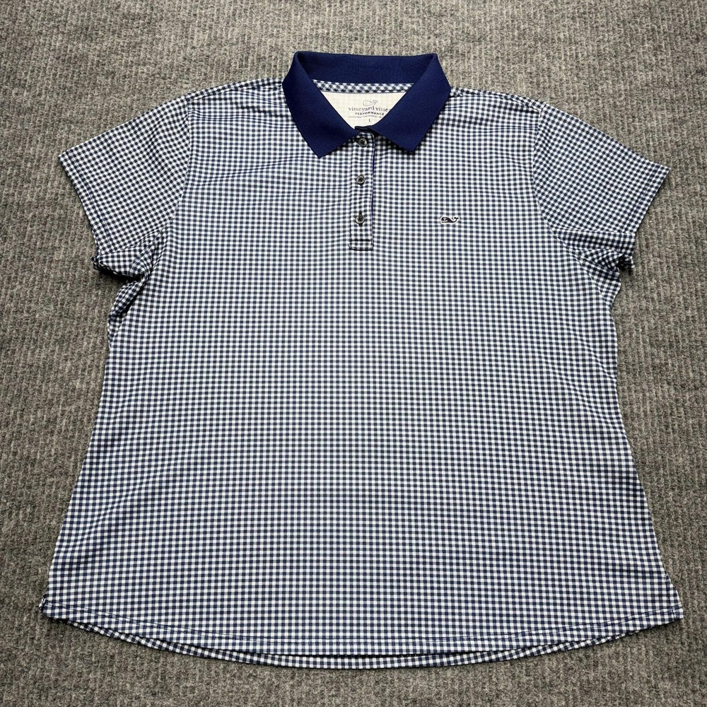 Vineyard Vines Performance Polo Shirt Womens Large Blue Gingham Golf Stretch